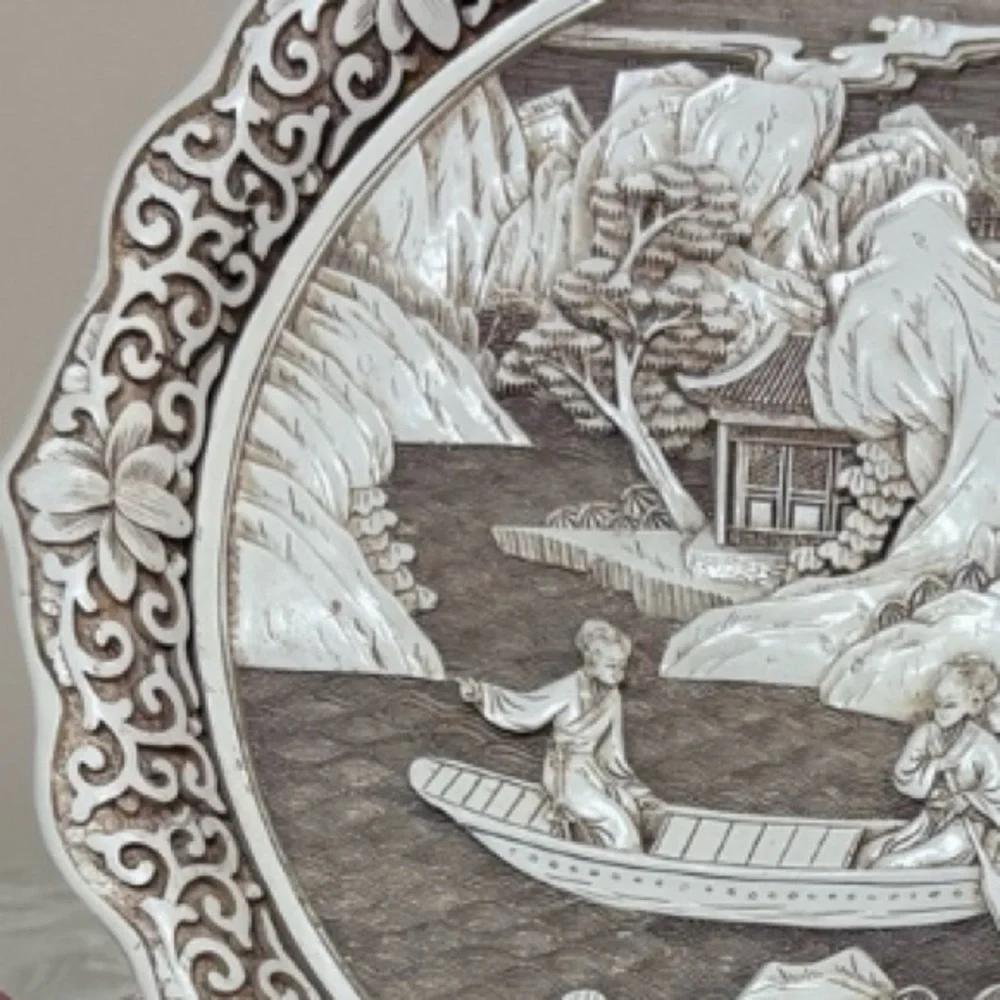 Vintage Asian Plate Ivory Dynasty Carved Art Sculpture Vintage Picture Plate